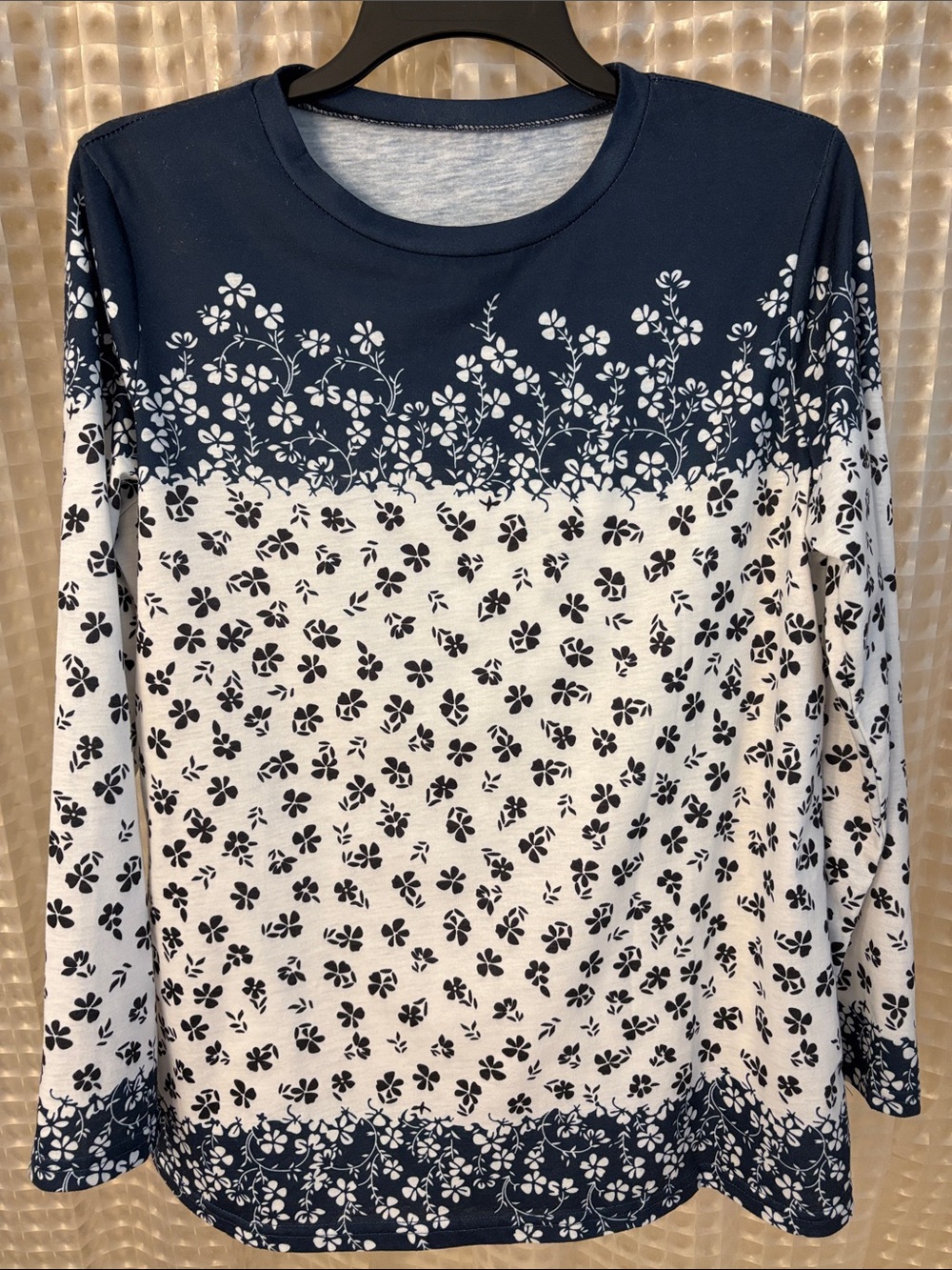 Women’s Navy and White Floral Long-Sleeve Top